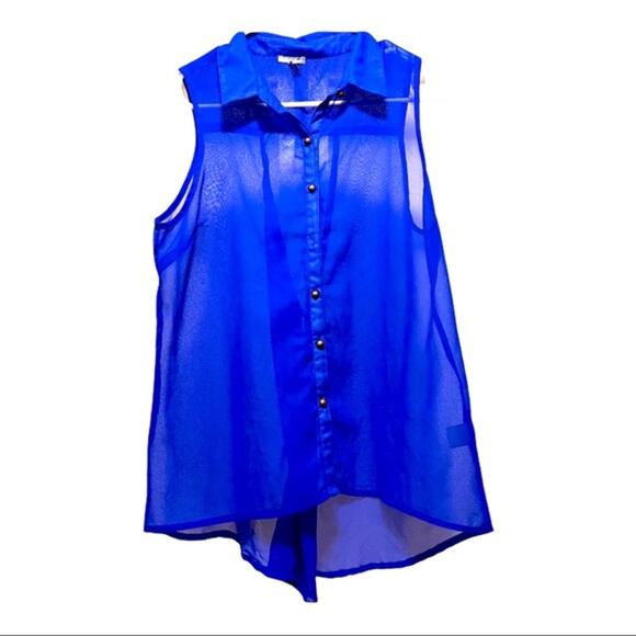 Women's Blue Sheer Blouse Back Button Design - Picture 1 of 4